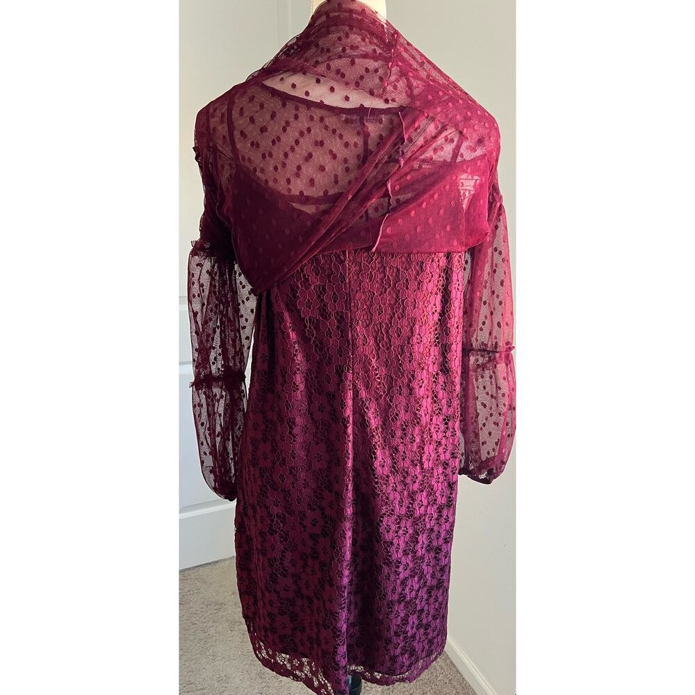 Charlotte Russe Lace Sheath and Polka Dot Mesh Wine Maroon Long Sleeve Dress L‎ - Picture 8 of 13